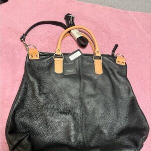 Pulicati Black Travel Tote with Tan Handles